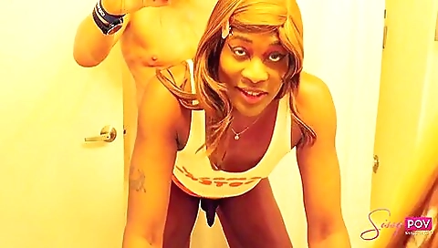 Ebony and redheaded girl with deepthroat and big cock