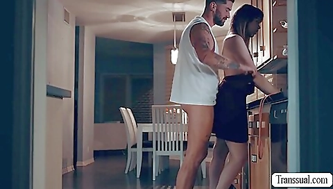 Busty brunette shemale gets her stepbro's ass fucked hard