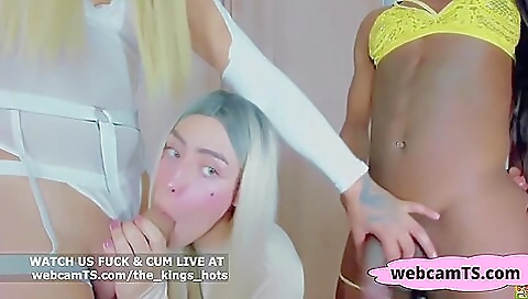 Blonde milf and latina sluts fuck one tranny in front